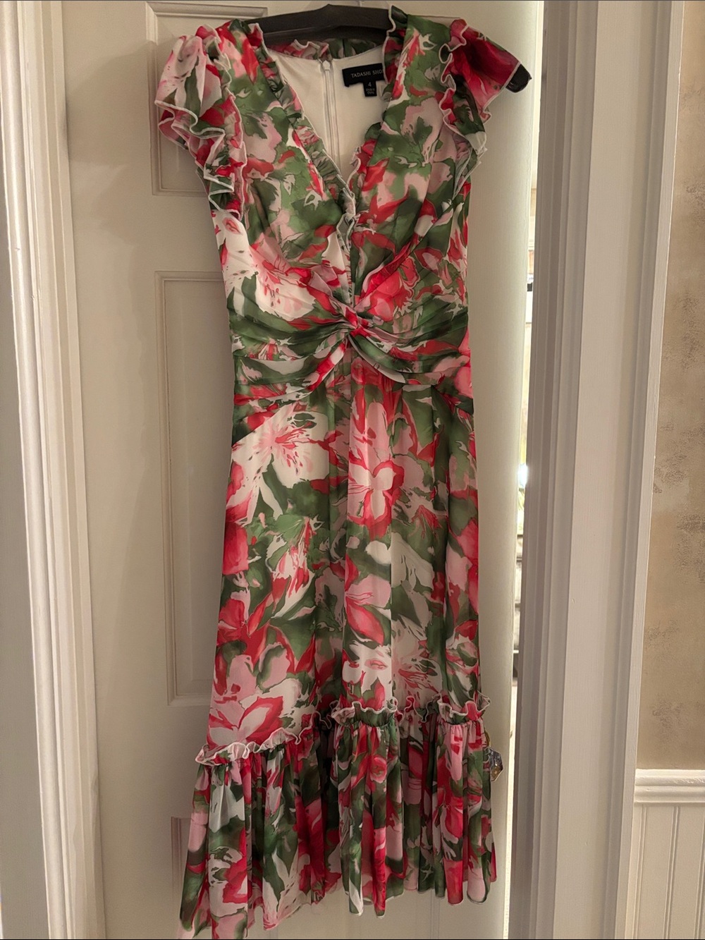 Tadashi Shoji Green, Pink & White Floral Twist-Waist Midi Dress